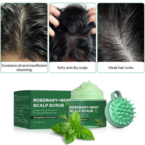Rosemary Mint Scalp Scrub for Thinning Hair, Scalp Exfoliator Scrub Shampoo Promote Hair Growth, Scalp Treatment to Clarify and Remove Build Up with Silicone Scalp Massager, Itchy Scalp Relief