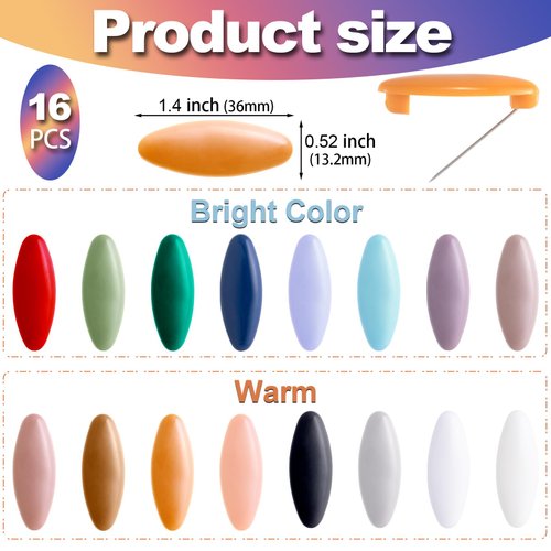 HINZIC 16Pcs Hijab Safety Pins, Muslim Brooch Pins 16 Color Assorted Scarf Pins Clips Locking Cloth Nappy Pin Colorful for Adult Women Scarf Clothing