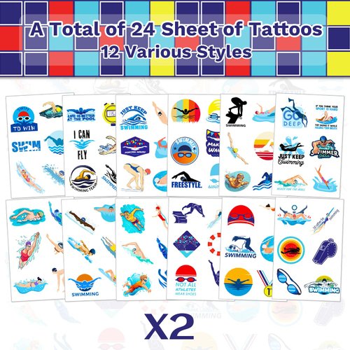 24 Sheets (144 PCS) Swimming Swim Team Temporary Tattoos Stickers, Swimming Swim Team Pool Sport Making Waves Party Favors Supplies Birthday Decorations Gifts for Swimmers Kids Teens Boys Girls