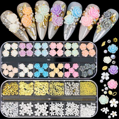 3D Flowers for Nails Charms for Acrylic Nail Gems, with Gold Caviar Beads Rhinestones Leaf &amp; Pear...