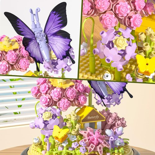 JIUTONG Flower Bouquet Building Set for Adults,582 PCS Animals Flowers Botanical Collection Mini Building Block Kit with Dust Cover,Butterfly Wildflower Bonzai Building Toys for Girl Women