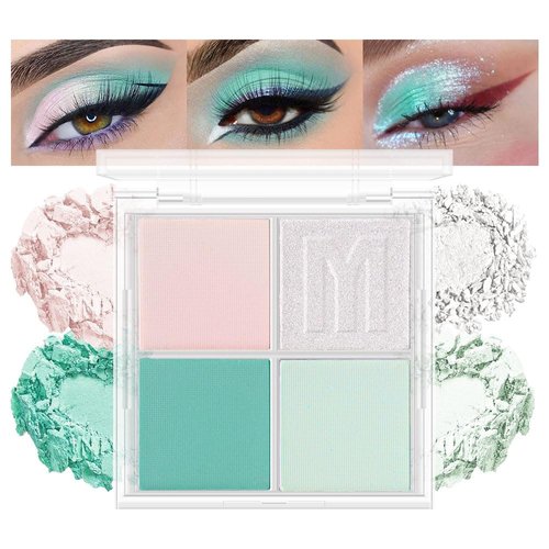 HHLTOH Eyeshadow Quads, Blendable Matte, 4 Pink White Lake Green Cyan Eyeshadow, Metallic and Shimmer Finishes, Velvety Pigmented Creamy Formula, Green Prom Series Quad Eye Shadow Palette 0.35 Ounce