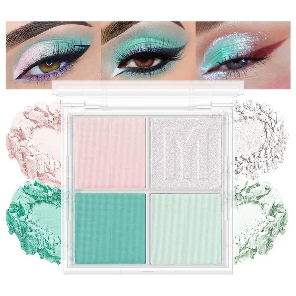 HHLTOH Eyeshadow Quads, Blendable Matte, 4 Pink White Lake Green Cyan Eyeshadow, Metallic and Shimmer Finishes, Velvety Pigmented Creamy Formula, Green Prom Series Quad Eye Shadow Palette 0.35 Ounce