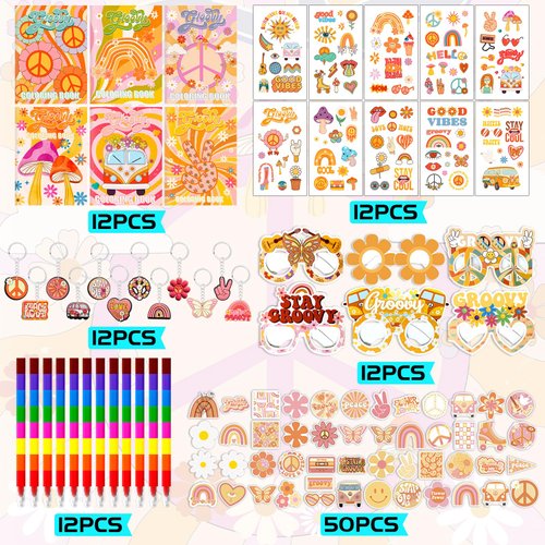 110PCS Groovy Boho Party Favors Groovy Coloring Books and Eight Color Crayons Funny Keychains Paper Glasses Stickers For Kids