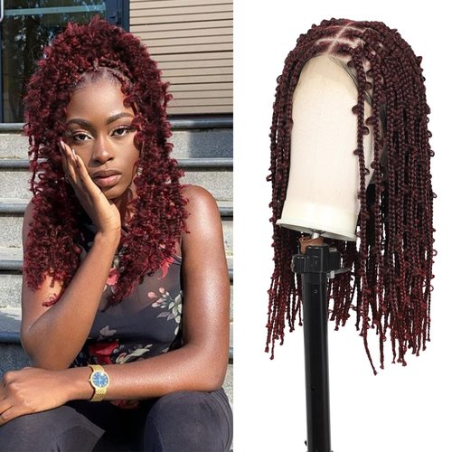 Lexqui 18" 360° HD Full Lace Braided Wigs for Women Short Knotless Butterfly Box Braid Wig with Baby Hair Human Hair Blended Lace Frontal Braid Wig Shoulder Length Braided Lace Front Wig Burgundy