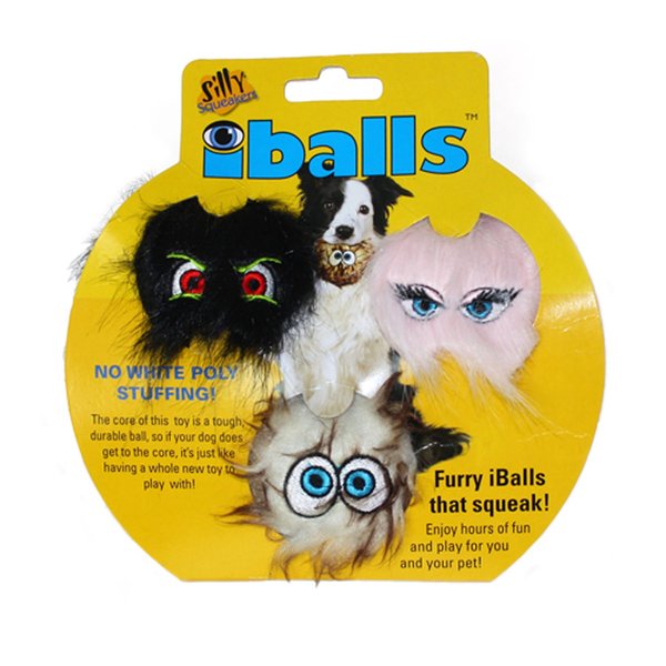 SILLY SQUEAKERS –iball –Dog Toy-Black & Pink Combo Pack-Faux Fur–Plastic Core –Made Durable-Squeaker -Strong & Tough. (Small 3 Pack, Black, Brown & Pink)