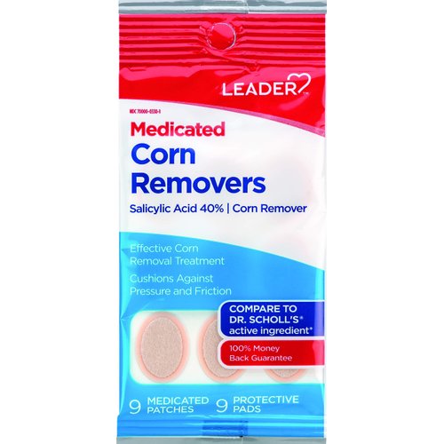 Leader Medicated Corn Remover with Salicylic Acid, Toe Corn Treatment Pads/Patches, All-Day Pain Relief & Cushioning Protection Against Shoe Pressure and Friction, 9 Pads, (Pack of 2)