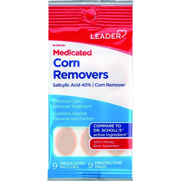 Leader Medicated Corn Remover with Salicylic Acid, Toe Corn Treatment Pads/Patches, All-Day Pain Relief & Cushioning Protection Against Shoe Pressure and Friction, 9 Pads, (Pack of 2)