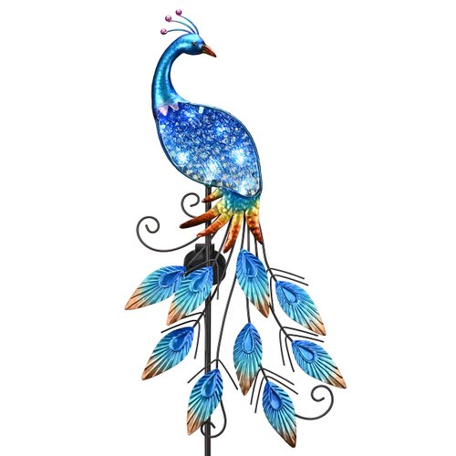 TERESA'S COLLECTIONS Garden Decor Blue Peacock with Solar Outdoor Lights, 40" Glass Yard Art for Outside, Decorative Metal Stake Outdoor Decor for Lawn Decorations, Patio, Gifts for Mothers Day