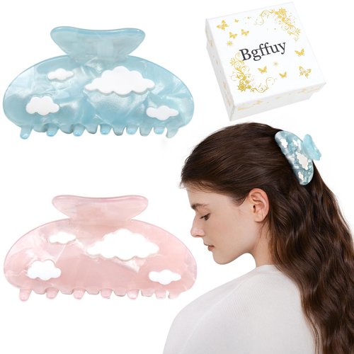 Bgffuy Acrylic Hair Claw Clips for Women，Medium 3.22inch Pink and Blue Clouds Pattern Hair Clips for Thin Thick Hair 2Pcs