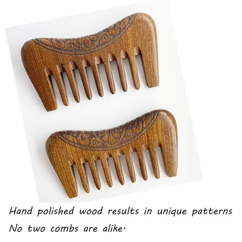Small Pocket Sized Wooden Comb Hair Detangler for Women Men Kids, Anti Static Handmade Natural Sandlewood Hair Comb Wide Teeth Comb for Curly Hair 2 PCS