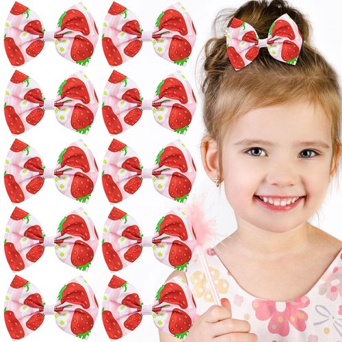 10 Pcs Strawberry Bow Hair Clips Red Pink Hair Snap Barrettes Cute Fruit Strawberry Pattern Alligator Clips Summer Grosgrain Ribbon Bow Hair Pins Small Hair Accessories for Women Girls
