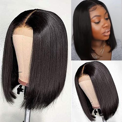 ISEE Hair Short Bob Wigs Human Hair Lace Closure Wigs Brazilian Virgin Human Hair Straight Bob Lace Front Wigs For Black Women Pre Plucked with Baby Hair Natural Black 12 Inch