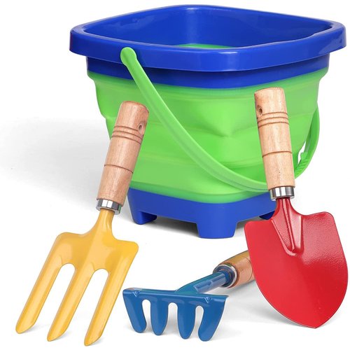 Collapsible Beach Bucket Metal Shovel Rake Set for Kids Adults, Foldable Bucket Sand Garden Outdoor Toy Silicone Pail Camping Travel Tools Gear Accessories Birthday Gifts for Kids (4 Pack)