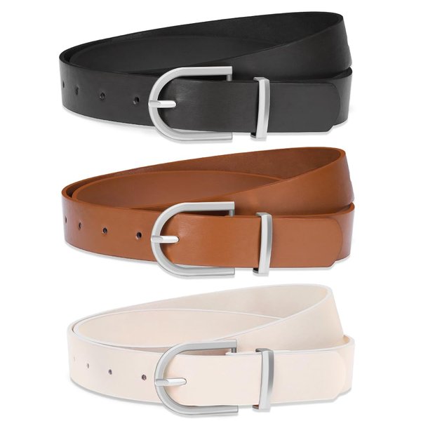 Huyfhksd 3 Pack Women Leather Belt for Jeans Pants Dresses Fashion Ladies Waist Belts with Gold Buckle, XL, BBlack/Brown/Beige