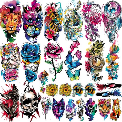 Aresvns Cute Watercolor Temporary Tattoos for Women,Colourful Roses Flower Butterfly Lion Fake Tattoos for Adults Shoulder Arm Hands，Small Fake tattoos for Girls