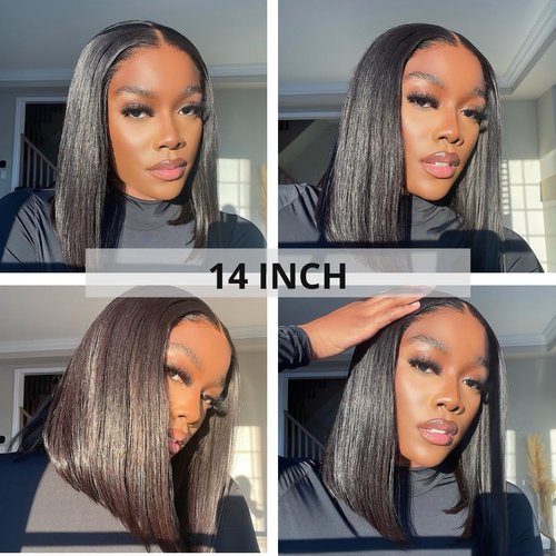 ALHER Short Bob Wig Small Cap Lace Front Wigs Human Hair Pre Plucked Straight, 13X4 Transparent Frontal Wigs 180% Density 14 Inch