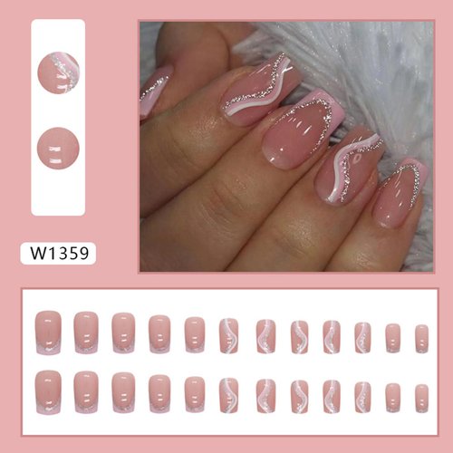Pink French Tip Press on Nails Medium Square Fake Nails Glitter Wavy Stripe Acrylic Nails Reusable Coffin Nails with Glue on Nails Full Cover Stick on Nails for Women DIY Charm Manicure