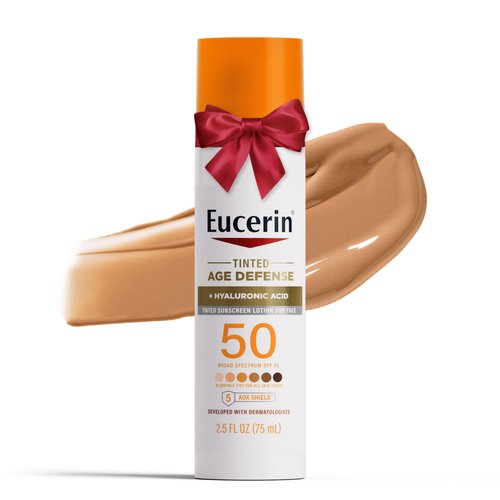 Eucerin Sun Tinted Age Defense SPF 50 Face Sunscreen Lotion, Hypoallergenic, Fragrance Free Tinted Sunscreen SPF 50 with Hyaluronic Acid, 2.5 Fl Oz Bottle
