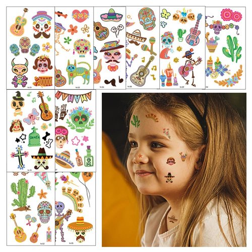 Hying 10 PCS Day of The Dead Temporary Tattoos Halloween Skull Face Tattoos Sugar Cactus Skeleton Temporary Face Stickers Day of The Dead Makeup Tattoos for Mexican Halloween Party Favor Supplies