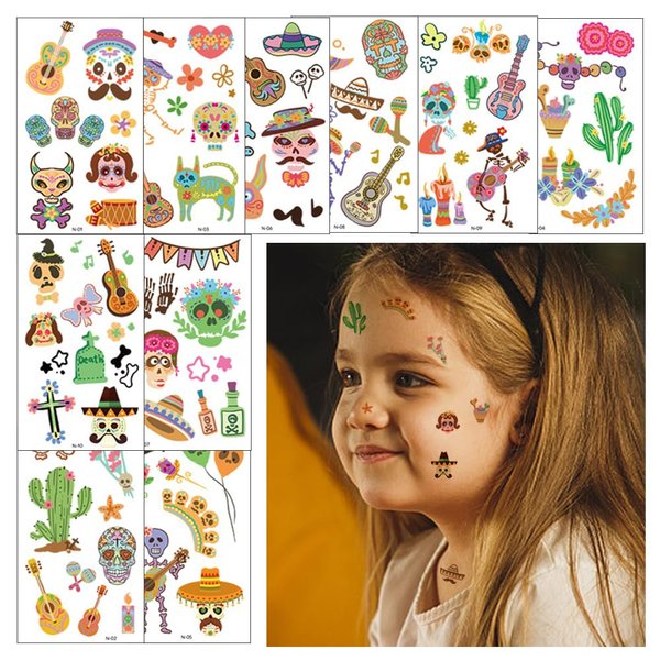 Hying 10 PCS Day of The Dead Temporary Tattoos Halloween Skull Face Tattoos Sugar Cactus Skeleton Temporary Face Stickers Day of The Dead Makeup Tattoos for Mexican Halloween Party Favor Supplies