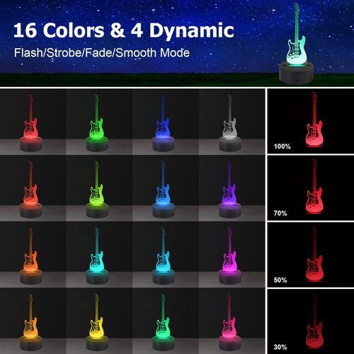 AZIMOM 3D Illusion Lamp Electric Guitar Remote Control 16 Colors Night Light for Kids Smart Touch Bedside Lamps Bedroom Decoration Boys & Girls Women Birthday Gifts