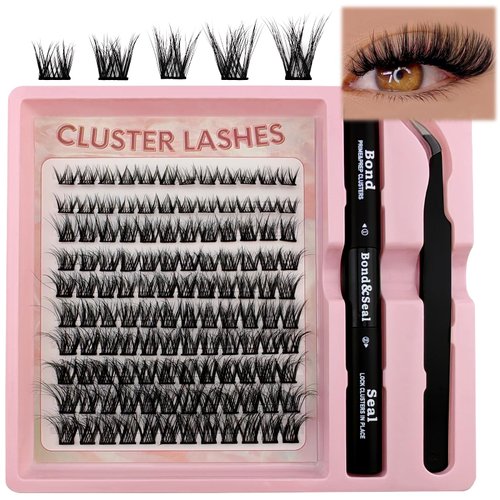 Fluffy Lash Clusters Kit 120pcs DIY Lash Extension Kit, Wispy Lash Clusters Kit Natural 8-16mm D Curl Eyelashes Extension Kit with Lash Bond and Seal and Lash Tweezers.(120P-T19-Kit)