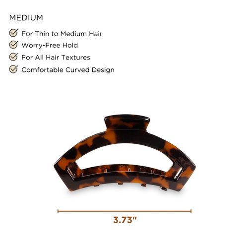 TELETIES - Medium Open Claw Clip - Strong Grip, Bendable Teeth, Comfortable Open Cutout Design - Ideal for Long, Thin to Medium, Curly, or Wavy Hair - For All Hair Textures - Tortoise