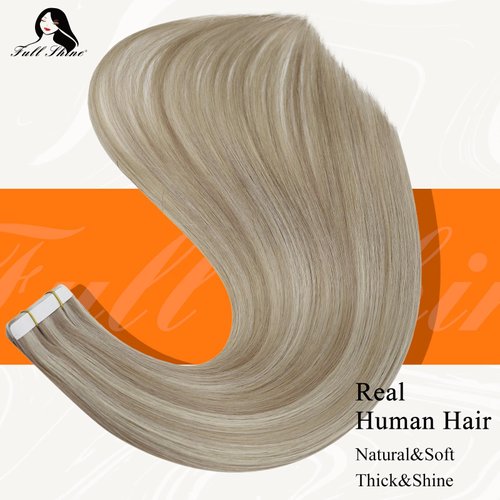 Full Shine Tape in Hair Extensions Human Hair 18 Ash Blonde Highlight 613 Blonde Double Sided Tape in Hair Extensions 12 Inch Invisible Straight Hair Extensions Tape in 30G 20Pcs Tape in Extensions