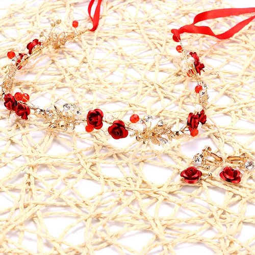 Vctitil Crystal Hairband Earring Set Red Headdress With Ribbon Wedding Jewelry Tiaras Rose Flower Crown Pearl Wedding Hair Jewelry