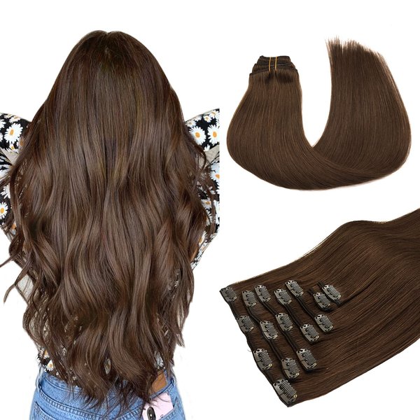 Hair Extensions Real Human Hair Clip in, Chocolate Brown 16 Inch 7pcs 120g, MAXITA Clip in Hair Extensions Real Human Hair Remy Thick Straight Natural Hair Extensions for Woman