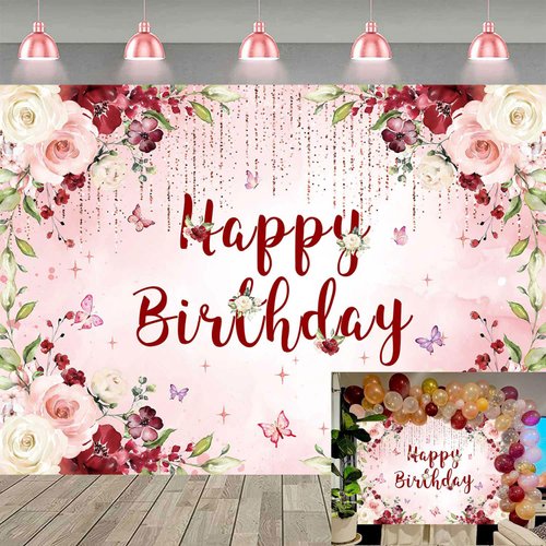 Burgundy Floral Happy Birthday Backdrop Glitter Pink Rose Flower Photography Background for Women...