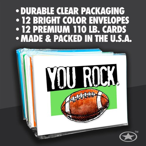 Play Strong Football You Rock Note Cards 12-Pack (4.25"x5.5") Illustrated Sports Powercards Thank You Note Card Set Perfect for Football Players, Coaches, Fans and Fanatics - They'll Love 'Em!