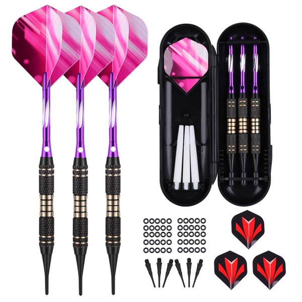 Soft tip Darts Set 18 Gram - Professional Darts Plastic Tip with Brass Barrel + 50 Rubber o-Rings + Purple Aluminum Shafts + 6 Pattern Flights + 30 Tips for Electronic Dartboard