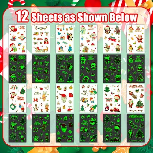 TatoYard 12 Sheets Bulk Christmas Glows Temporary Tattoos for Girls and Boys, Waterproof Birthday Decorations for Christmas Party, Glows Party Favors for Christmas Stocking Stuffers