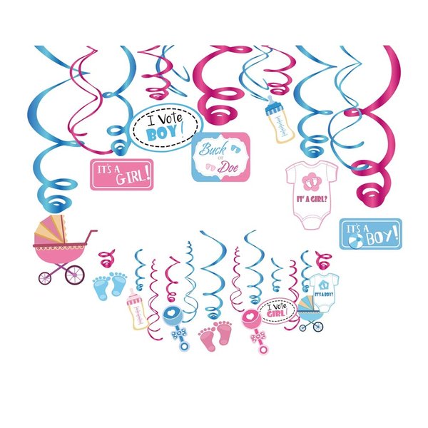 Kristin Paradise 30Ct Gender Reveal Hanging Swirl Decorations - Boy or Girl Party Supplies - Baby Revealing Theme Decor Ideas - He or She Favors Kit