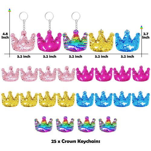 CiciBear 25 Pack Crown Sequin Keychains for Gold Themed Party Favors, Kids and Adults Birthday Gift, Baby Shower, Crown Princess Prince King Queen Party, 5 Colors