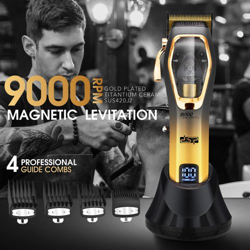 DSP Pro Barber Hair Clippers Set: Cordless Magnetic 9000 RPM, Constant Speed Control for Smooth Cutting. Ceramic Blades, 2500mAh Battery, Low Noise & Heat - Ideal for Men's Grooming & Fades (Gold)