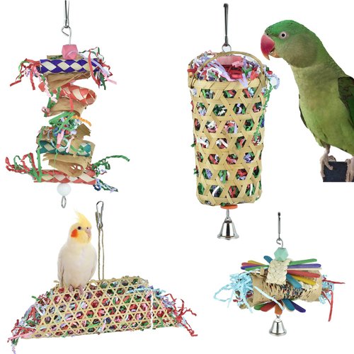 GUANLANT 4 Pack Shredder Foraging Feeder Bird Toys Treat Basket for Parrots, Conure Shredding Chewing Paper Hanging Cage Climbing Foot Toys with Bell for Parakeets Cockatiel African Grey