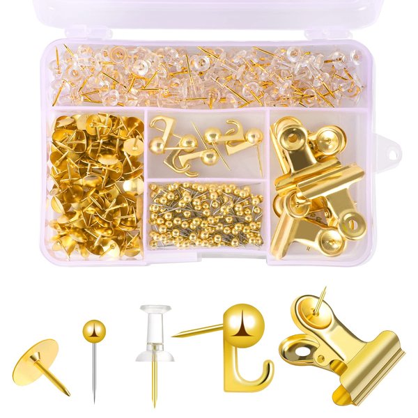 310 Pcs Gold Push Pins Set, Gold Thumb Tacks Decorative Push Pins for Cork Board with Push Pin Hook Pushpin Clip 5 Style Gold Office Accessories for Cork Board Map Office