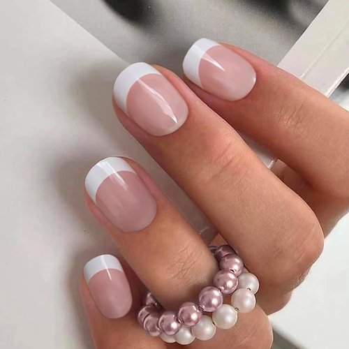 Press on Short Square Acrylic Fake Nails with Apricot Design Full Cover False Glossy Nude Glue on Artificial Stick on Nails for Women 24Pcs (French Natural)