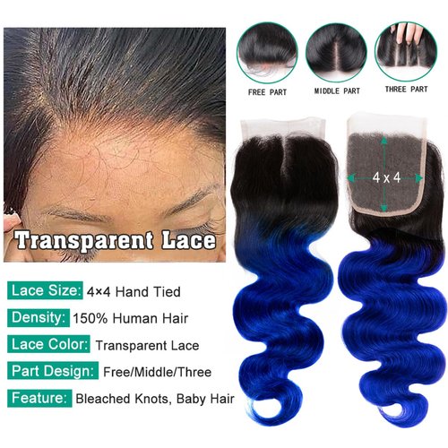 SEXAY Blue 4x4 Lace Closure Body Wave Brazilian Virgin Human Hair Extensions Ombre Free Part Closure Pre Plucked With Baby Hair for Black Women 1B/Blue Color Closure(16inch)