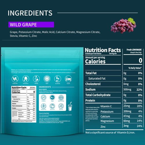 OZENKE Electrolytes Powder Packets, 30 Sticks Hydration Packets Sugar Free, Electrolyte Drink Mix Portable Electrolyte Packets for Rapid Hydration, 0 Sugar & 0 Calorie, Grape Flavor