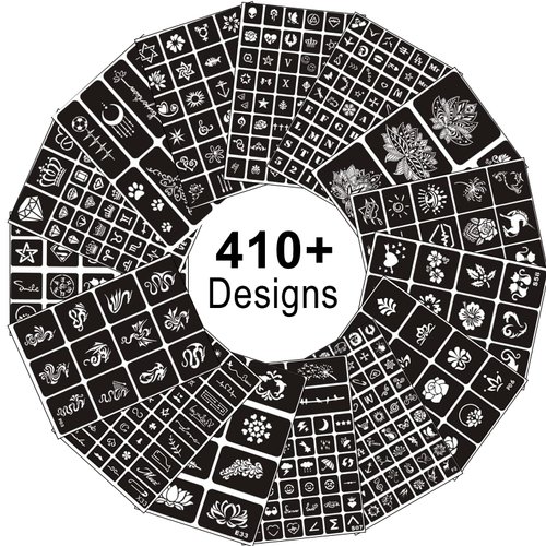 Henna Tattoo Stencils Kit Reusable for Women Girls and Kids, 410+ PCS Tattoo Stencil,Temporary Indian Arabian Glitter Airbrush Tattoo Stencil