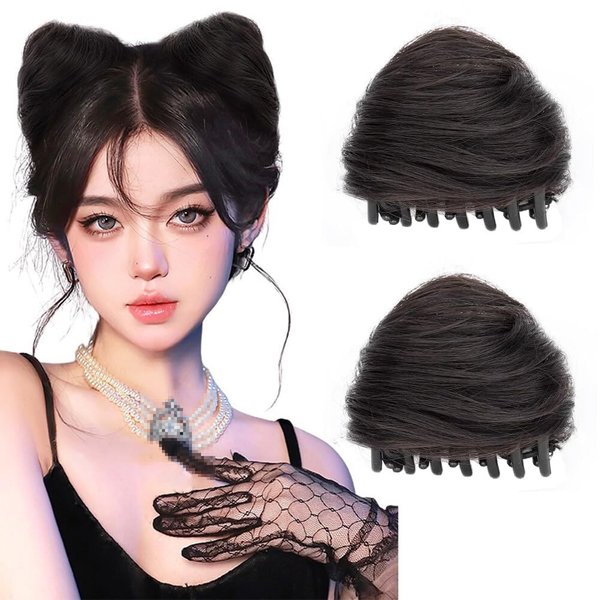 UPSTORE 2Pcs Claw Clip in Messy Cat Ears Bun Hair Pieces Space Bun Hair Extensions Wig Accessory Donut Chignon Hairpieces for Women Girls (Brown Dark)