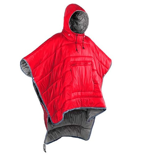 Winter Poncho Coat Outdoor Camping Warmth Small Quilt Blanket Water-resisitant Sleeping Bag Cloak Cape with Hat for Adult (Red)