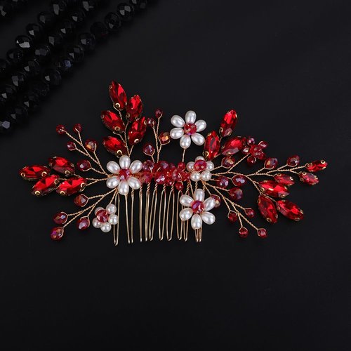 Teyglen Flower Pearl Bride Wedding Hair Comb Red Crystal Hair Comb Bridal Hair Piece Decorative Hair Accessories for Bride Rhinestone Headpiece for Women Grils (Red)