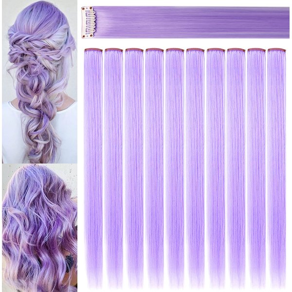 SARARHY 10 PCS Girls Light Purple Hair Accessories 21 inch Straight Colored Clip in On Synthetic Taro Purple Hair Extensions for Girls Woman Party (Light purple)