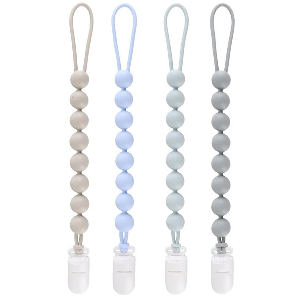 4-Pack Silicone Pacifier Clips for Baby Boys and Girls - with One-Piece Beads, Flexible and Rust-Free Holders for Teething Relief and Baby Essentials - Safe for Newborns (Grey)