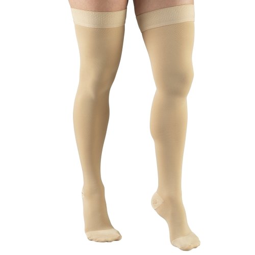 Truform 20-30 mmHg Compression Stockings for Men and Women, Thigh High Length, Dot Top, Closed Toe, Beige, Small